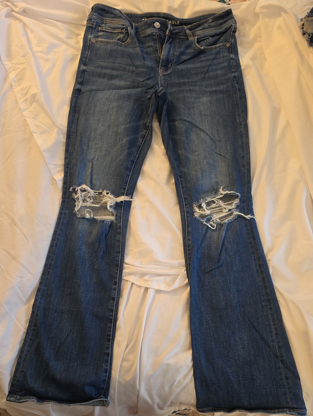 American Eagle Outfitters Distressed Dark Blue Kickboot Jeans, Size 12 Long